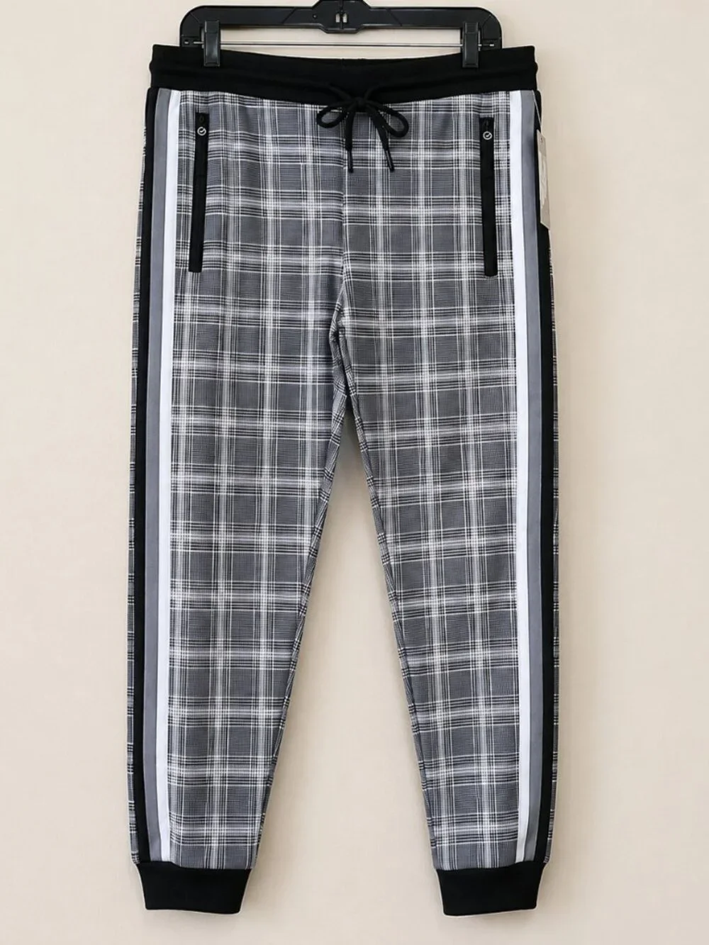 G-Net Men's Black Plaid Printed Fleece Streetwear Jogger Pants SZ M